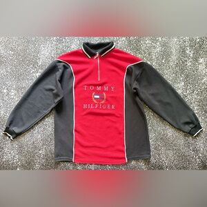 Vintage Tommy Hilfiger Long Sleeve 1/4 Zip Polo Top Size XXL Black/Red 90s NYC